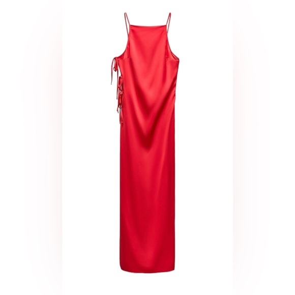 Zara New Womens Red Tied Satin Effect Midi Dress XS Open Back Slit, Lining, Zip - Picture 2 of 8